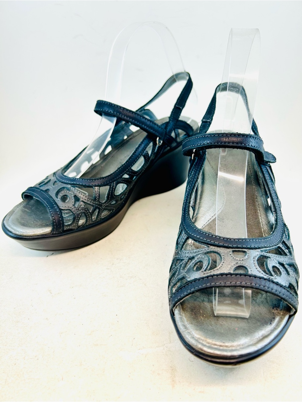 Naot Black Leather Metallic Road Deluxe Slingback Wedge Heel Sandals 8 39